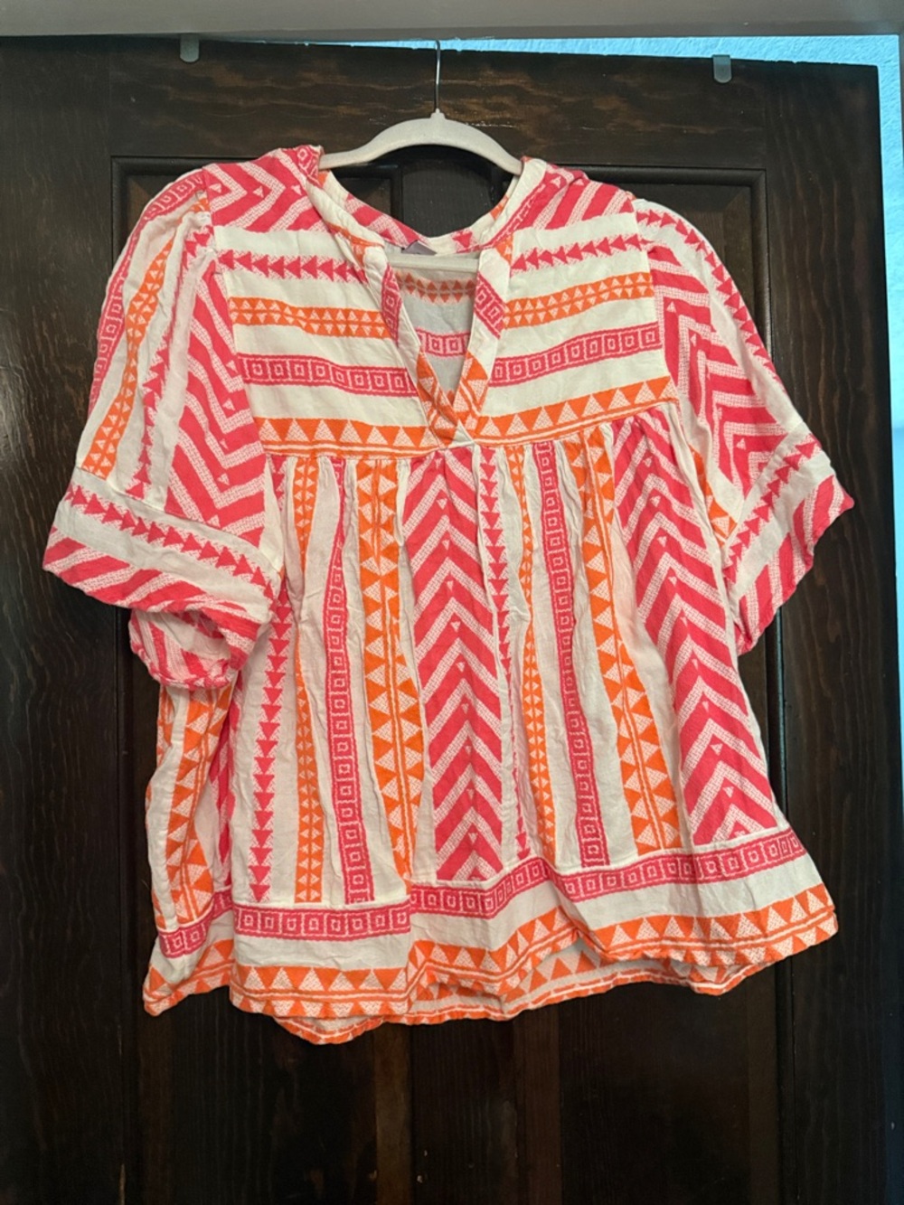 Old Navy White Tunic with Pink & Orange Geometric Embroidery